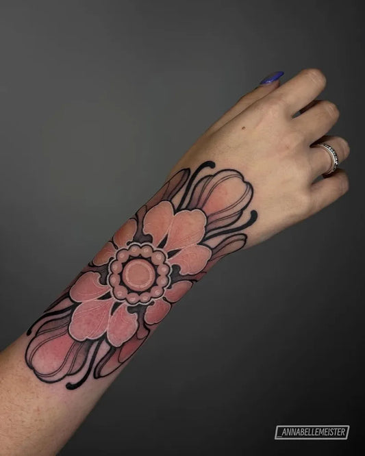 Small Neo Traditional Pink Floral Mandala on Women Wrist Tattoo by @neotradttts