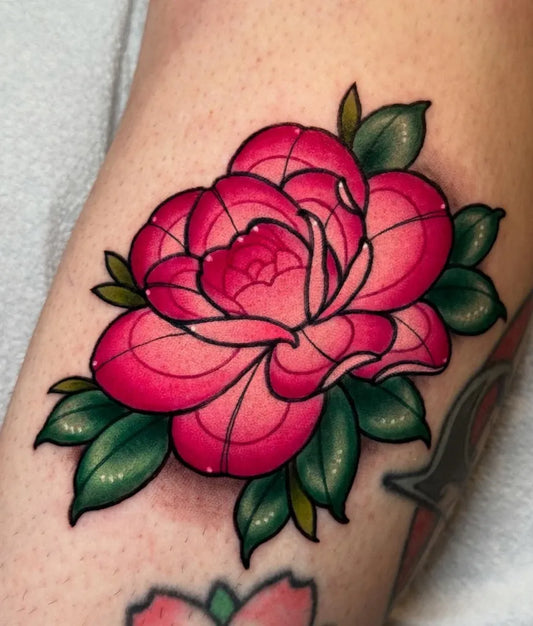 Small Neo Traditional Pink Rose with Leaves on Women Arm Tattoo by @dovahtattoos