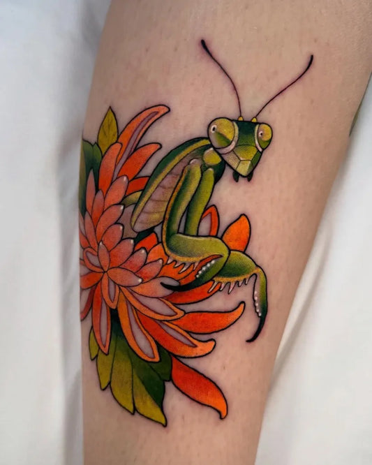 Small Neo Traditional Praying Mantis and Chrysanthemum Flowers on Women Thigh Tattoo by @meganraetattoos