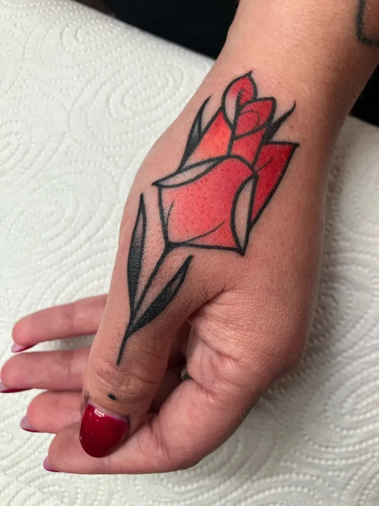 Small Neo Traditional Rose on Women Hand Tattoo by @pau1terry_