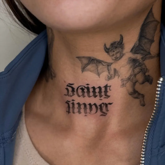 Small Neo Traditional Saint Sinner Angel on Women Neck Tattoo by @xenia_tats