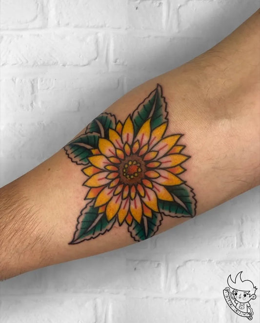 Small Neo Traditional Sunflower on Women Forearm Tattoo by @dta.tattoo