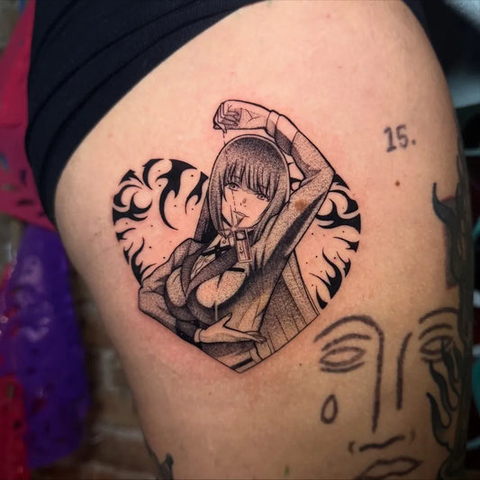 Small Neotraditional Anime girl with heart on Women Thigh Tattoo by @inkedbycri