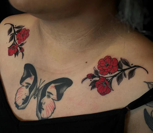 Small Neotraditional Butterfly and Roses Tattoo on Women Collarbone by @orca_ink