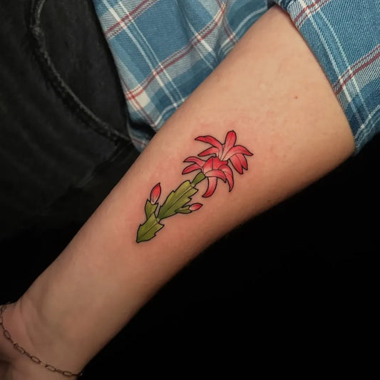 Small Neotraditional Cactus Flower Tattoo on Women Arm by @tattoosandtealeaves