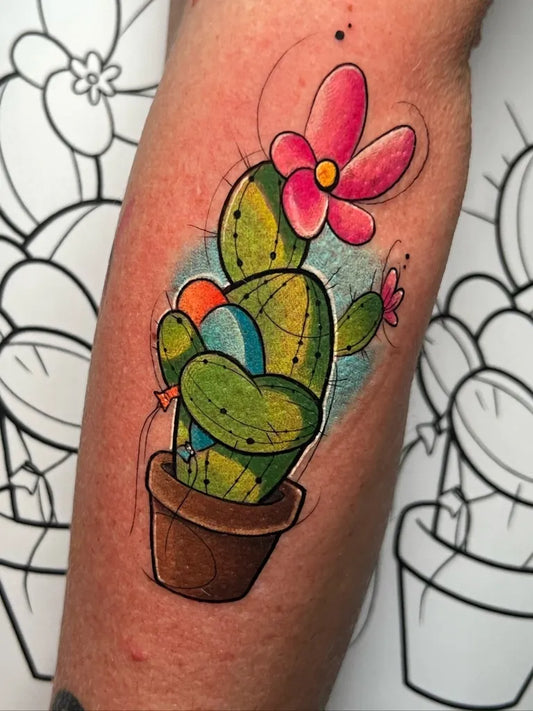 Small Neotraditional Cactus and Flower Tattoo on Women Arm by @kaos_simo_ink_