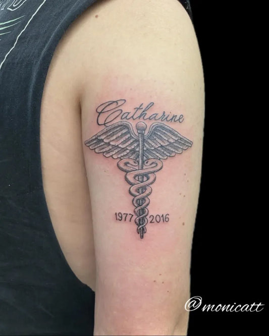 Small Neotraditional Caduceus Name Dates on Women Arm Tattoo by @blackashtattoostudio
