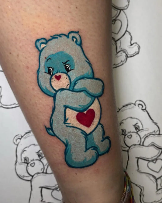Small Neotraditional Carebear on Women Thigh Tattoo by @mitaudine
