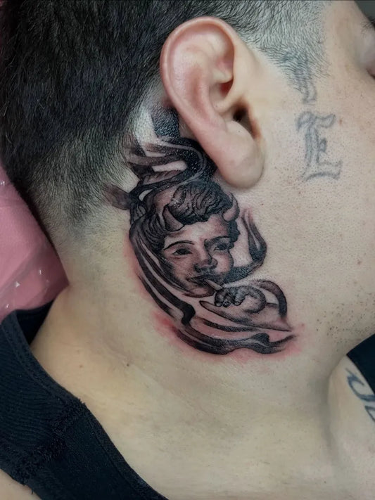 Small Neotraditional Demon Child on Men Neck Tattoo by @inkedbylunaa