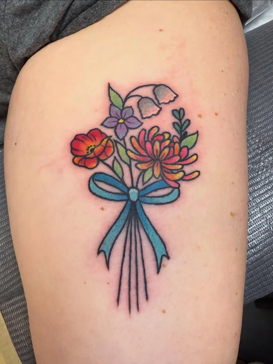 Small Neotraditional Flower Bouquet with Poppy Chrysanthemum and Bellflower on Women Thigh Flower Tattoo by @deadsexytattoo