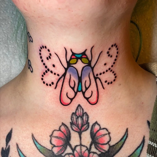 Small Neotraditional Fly and Flowers Tattoo on Women Throat by @buggytat