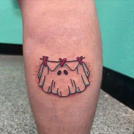 Small Neotraditional Ghost Halloween Tattoo on Women Leg by @taylormadeartt