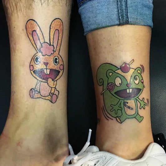 Small Neotraditional Happy Tree Friends Cartoon Tattoo on Women Ankle by @antonellitattoos