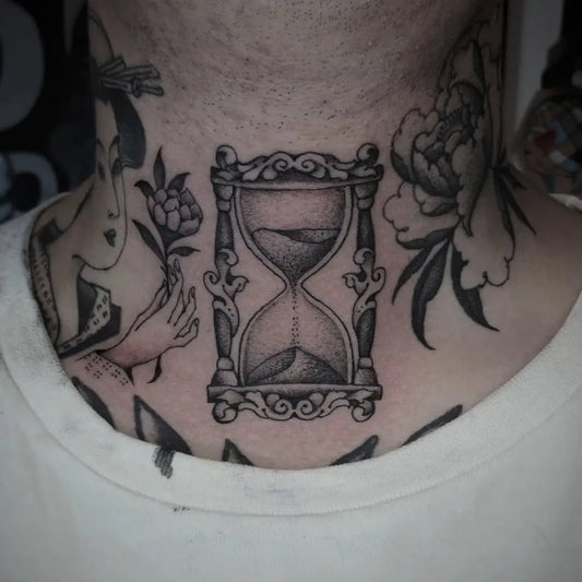 Small Neotraditional Hourglass and Peony on Men Neck Tattoo by @xpiranhaxyz