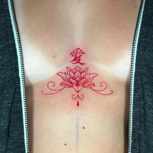Small Neotraditional Lotus and Kanji on Women Sternum Tattoo by @destin.inks