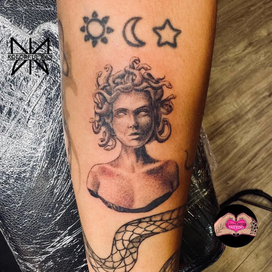 Small Neotraditional Medusa Snakes Stars on Women Arm Tattoo by @kolorfulkas