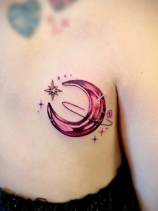 Small Neotraditional Moon and Stars Tattoo on Women Chest by @nao70_dragonheart