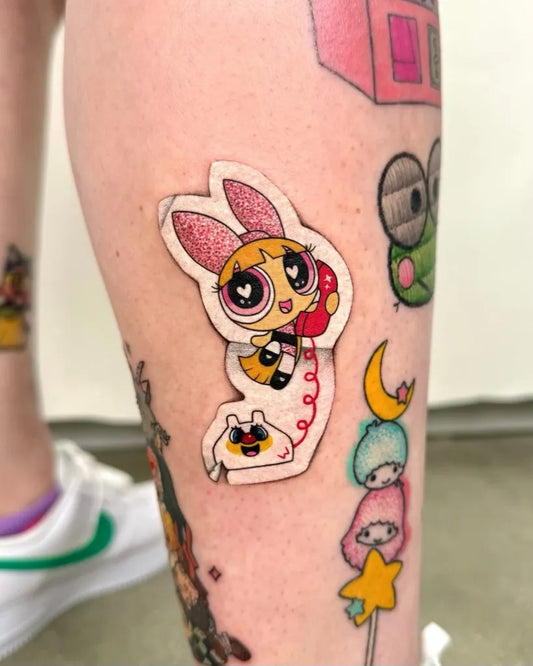 Small Neotraditional Powerpuff Girls and Kawaii Figures Cartoon Tattoo on Women Thigh by @vibrant.inktattoo