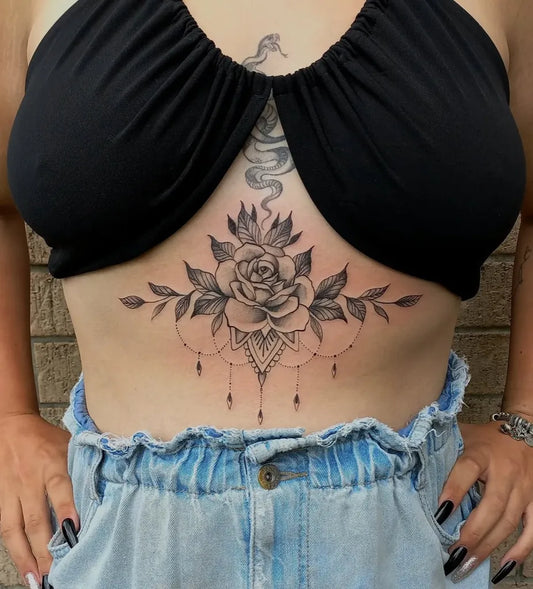 Small Neotraditional Rose and Snake on Women Sternum Tattoo by @inkedbykris10