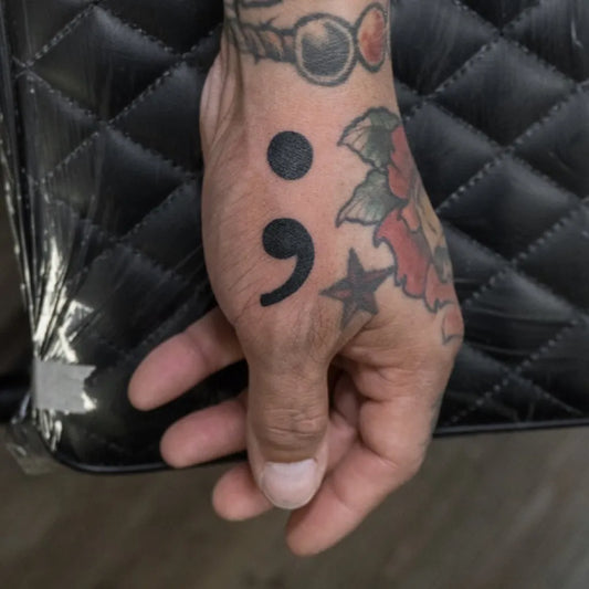Small Neotraditional Semicolon Rose Star on Men Hand Tattoo by @donaldvoelker