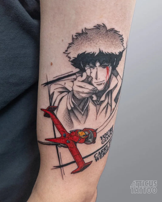 Small Neotraditional Spike Spiegel and Red EVA on Men Arm Tattoo by @atticustattoo