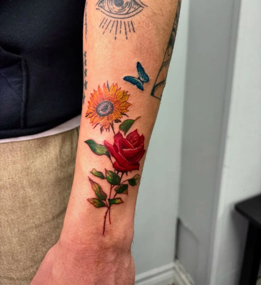 Small Neotraditional Sunflower Rose Butterfly on Men Forearm Tattoo by @parleeninks