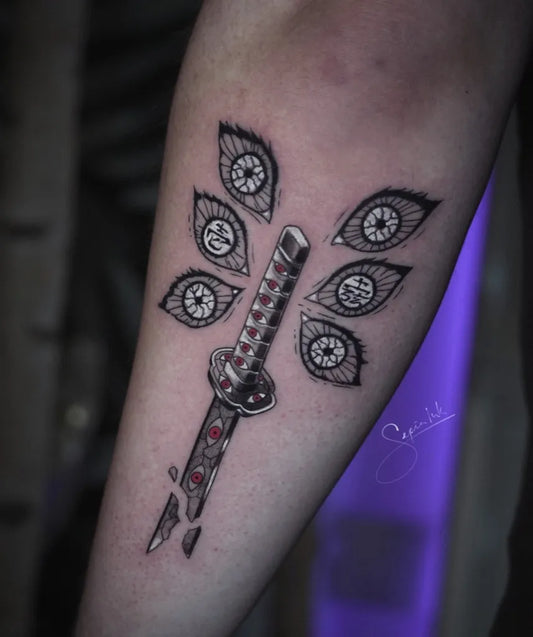 Small Neotraditional Sword with Eyes on Women Arm Tattoo by @sepiainktattoos