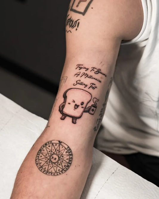 Small Neotraditional Toast and Compass on Men Arm Tattoo by @qled_tattoos