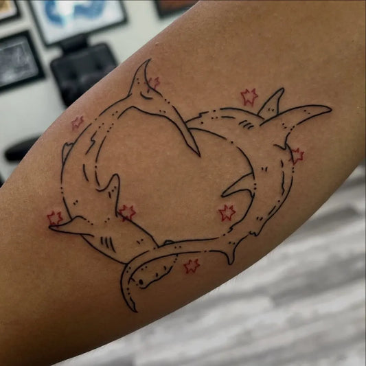 Small Neotraditional Two Sharks on Women Arm Tattoo by @dleonardtat2s