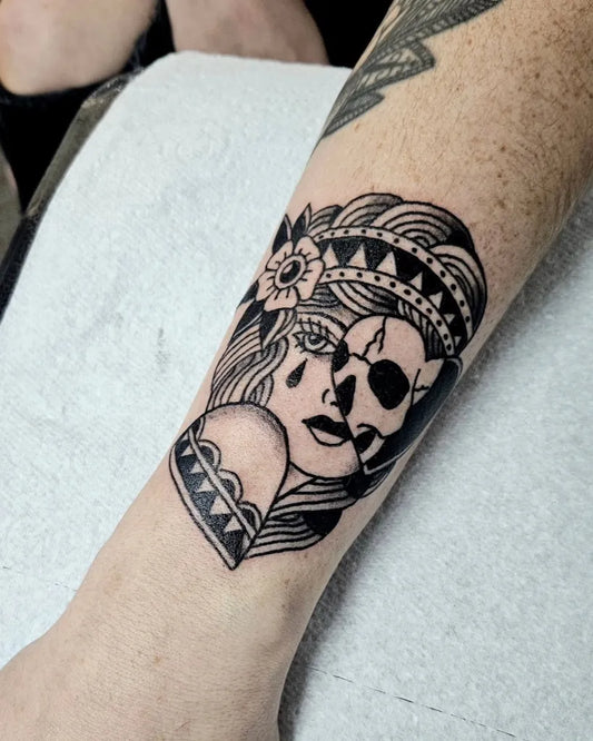 Small Neotraditional Woman with Skull on Women Forearm Tattoo by @thedon_tattoo