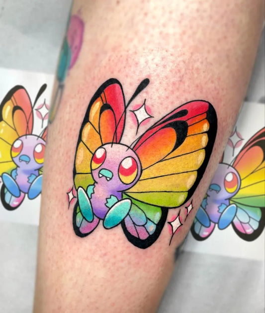 Small Neotraditional Yanma Pokemon Tattoo on Women Leg by @deadpan_anne_tattoo