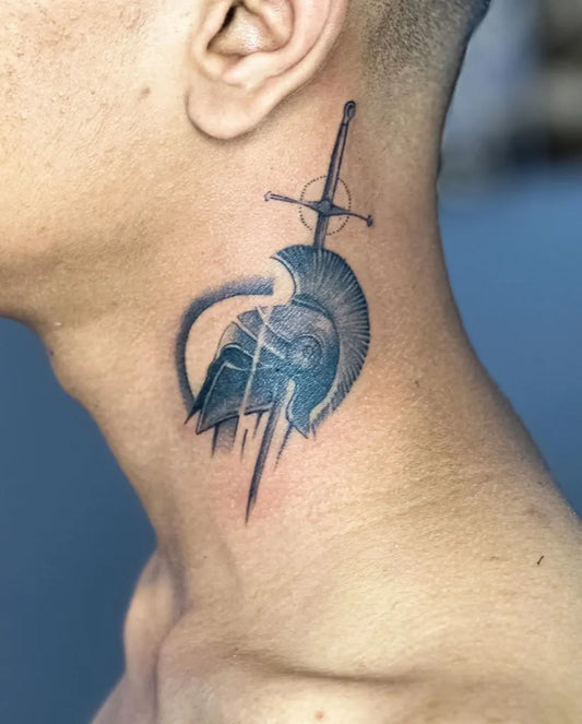 Small Neotribal Sword and Helmet on Men Neck Tattoo by @dragons.ink