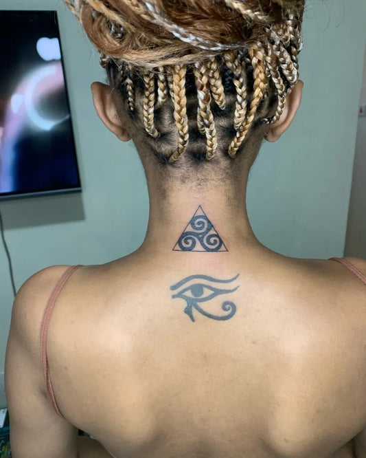 Small Neotribal Triskelion Eye on Women Neck Tattoo by @hydra_tattoos