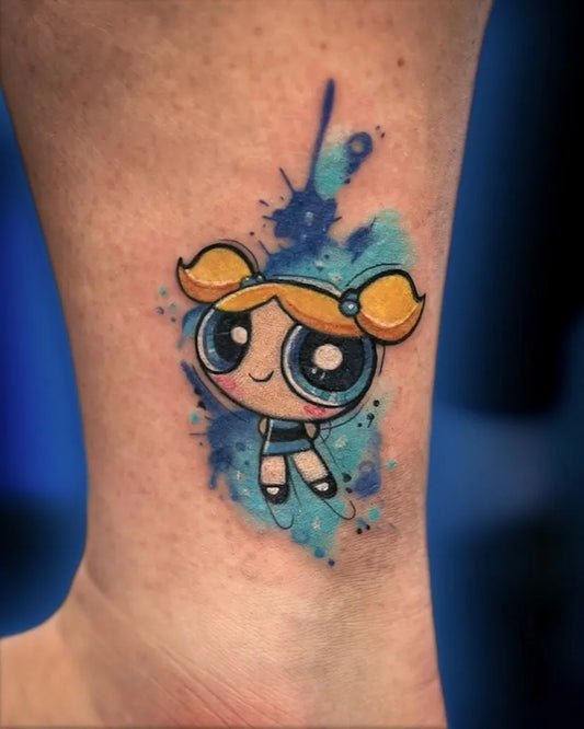 Small New School Bubbles Powerpuff Girl Cartoon Tattoo on Women Ankle by @karolatattoo