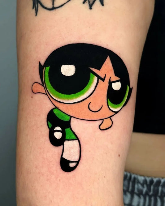 Small New School Bubbles Powerpuff Girl Cartoon Tattoo on Women Arm by @auroramella_ink