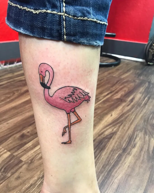 Small New School Flamingo Tattoo on Women Leg by @michaelburnstattoos