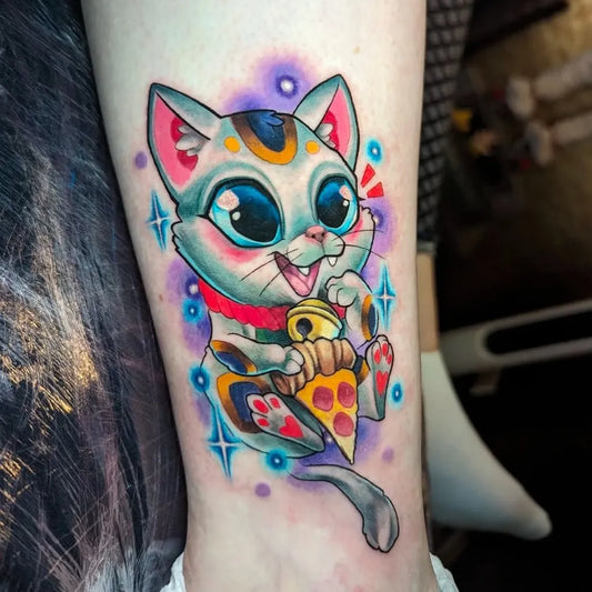 Small New School Maneki Neko Cat with Pizza Tattoo on Women Ankle by @therisingbastards