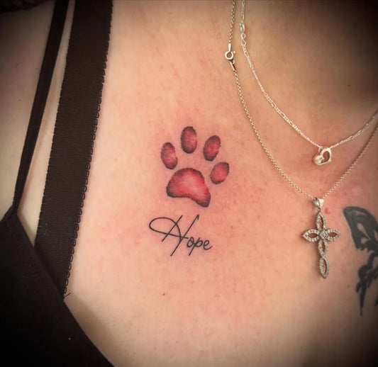 Small New School Paw Print and Hope Women Chest by @abbybarnestattoos