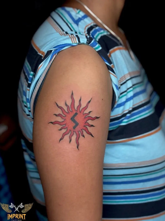 Small New School Sun Lightning Bolt on Women Shoulder Tattoo by @imprint_tattoo_