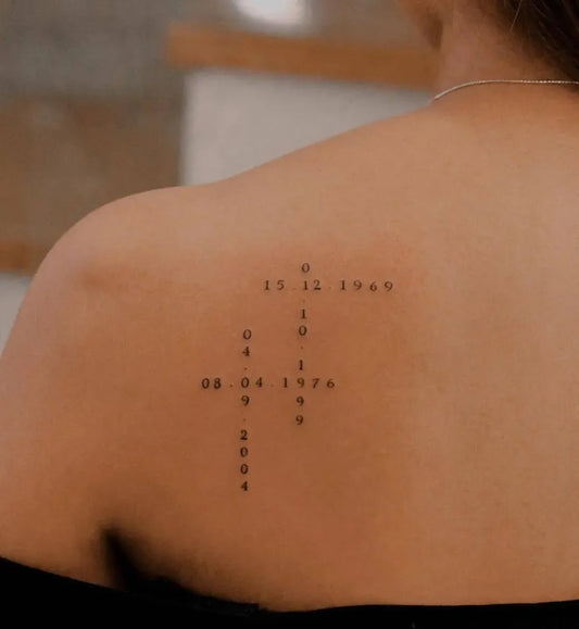 Small Numerology Numbers and Cross on Women Shoulder Tattoo by @small.tattoos