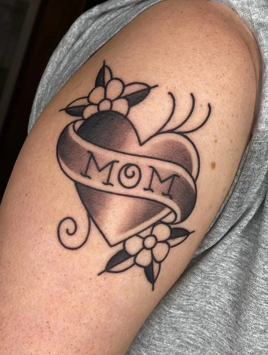 Small Old School Heart Banner and Flowers on Women Arm Tattoo by @tatkidsai