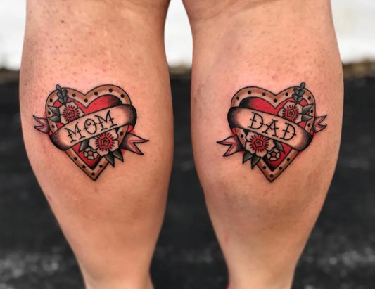 Small Old School Heart Banners on Women Legs Tattoo by @badlittleyou