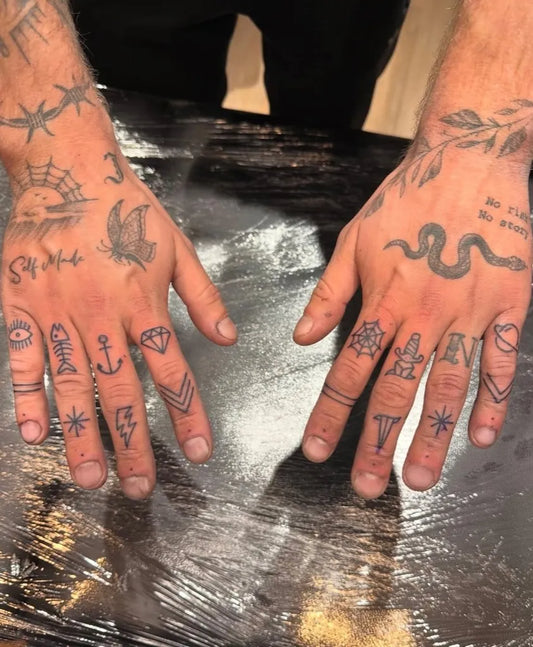 Small Old School Snake Anchor Spider on Men Fingers Tattoo by @oldfaithful_tattoo
