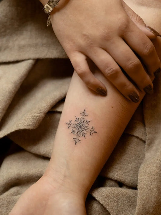 Small Ornamental Floral Mandala Tattoo on Women Forearm by @tatitattoos