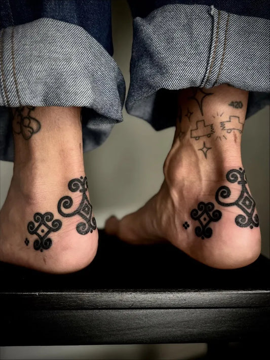 Small Ornamental Geometric Swirls Tattoo on Women Ankles by @susannmarleen
