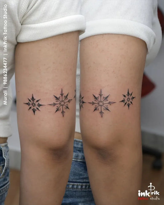 Small Ornamental Three Star Chain Tattoo on Women Legs by @inkprik_tattoos