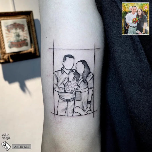Small Outline Couple with Baby Portrait Tattoo on Men Arm by @rottitattoo