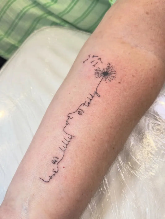 Small Outline Dandelion Arabic Script Tattoo on Women Arm by @dr.inkkk