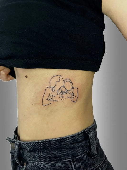 Small Outline Embracing Figures Tattoo on Women Side by @jaksatattoo
