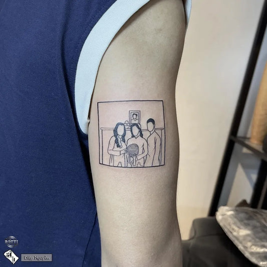 Small Outline FamilyPortrait Tattoo on Men Arm by @rottitattoo